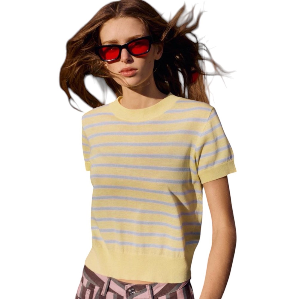Zara Yellow Blue Striped Knit Short Sleeve lightweight Sweater Crew Neck Large